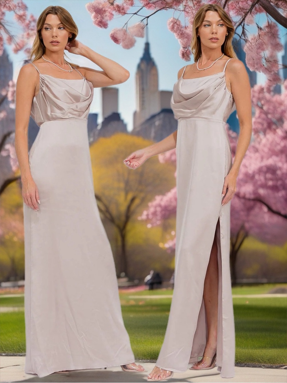 R.S.V.P. by Sugarlips Calypso Cowl Neck Bridesmaid Dress Taupe Champagne XL New